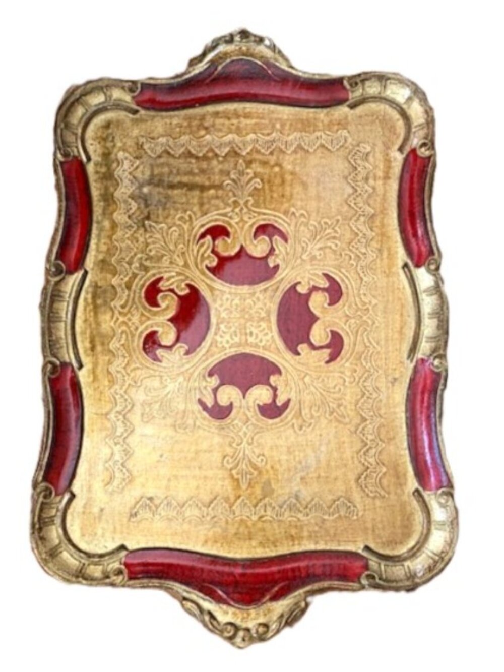 Florentine style Italian gold red hand painted etched decorative tray, vanity